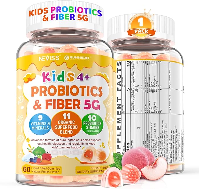 Probiotics for Kids Teen + Veggie & Fruit Fiber Gummies, with 12 Billion CFU Probiotic, Organic Inulin Prebiotics Fiber, Methyl B12 B6 C for Children's Digestive & Gut, Immune Health, Sugar Free,60Cts