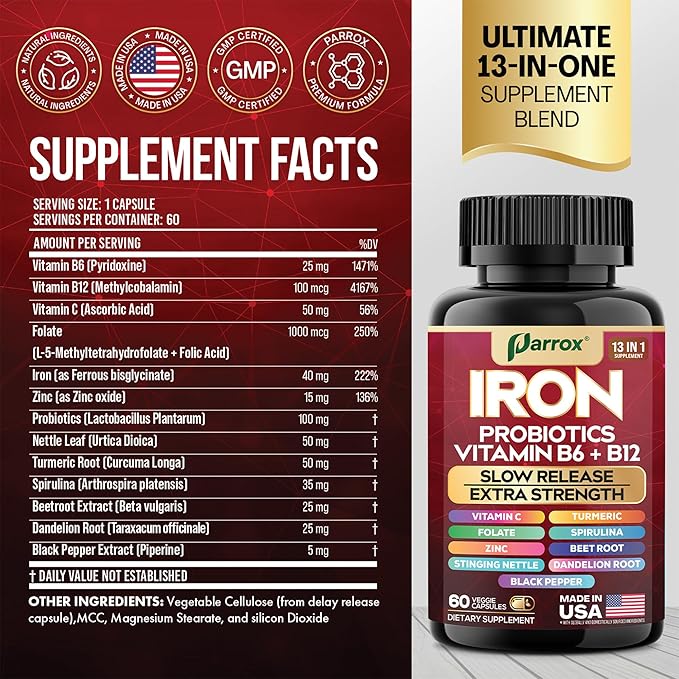 Iron Supplement with Slow Release Iron, Vitamin B6, B12, C, Folate, Zinc, Probiotics, Spirulina, Turmeric, Beetroot, Nettle Leaf, Dandelion Root, Black Pepper, Extra Strength, 60 Vegan Capsules 2-Pack
