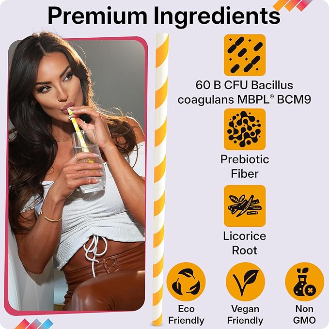 Gut Straws with Probiotics for Digestive Health – 60 Billion CFUs – Supports Gut Health & Nutrient Absorption – Fiber Infused Drinking Straws with Prebiotics, Lemon Flavor, 14 Count