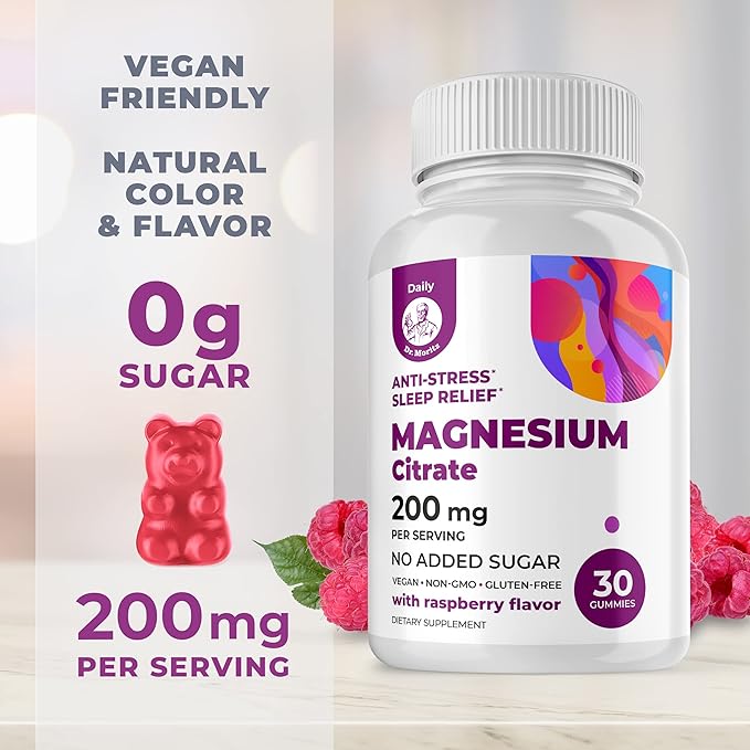 DR. MORITZ Magnesium Citrate Gummies for Adults - Sugar-Free Calm Magnesium Gummies - Supports Cardiovascular Health- Raspberry Flavor - Non-GMO, 200 mg (30 Count)