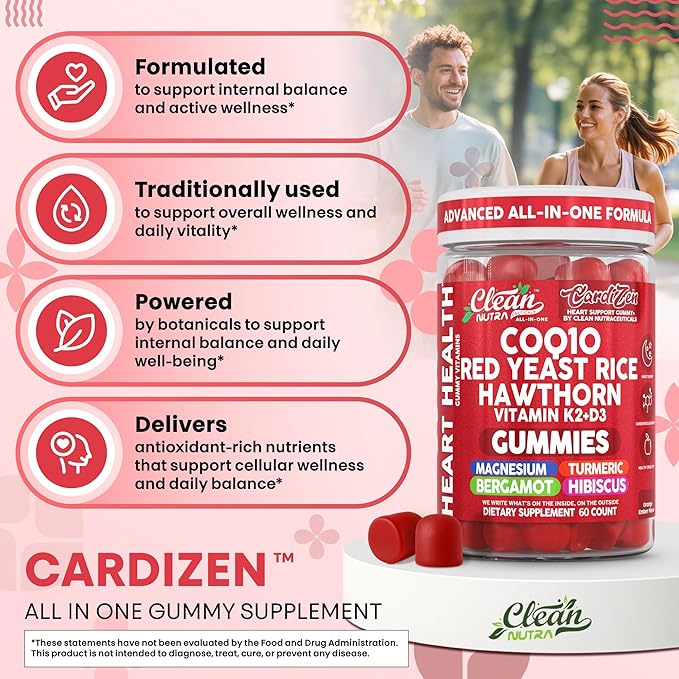 Clean Nutra CoQ10 Gummies Red Yeast Rice Hawthorn K2 Vitamin Supplement Magnesium Glycinate Turmeric Citrus Bergamot Hibiscus VIT D K Fenugreek Garlic Supplements Heart Support Gummy 60ct