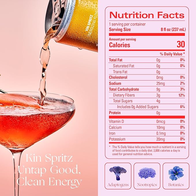 Kin Euphorics Kin Spritz Non-Alcoholic Functional Beverage | Invigorating Booster | Adaptogen & Nootropic Drink | Rhodiola Rosea, 5-HTP, GABA | Ready to Drink | 8 Fl Oz (8pk)