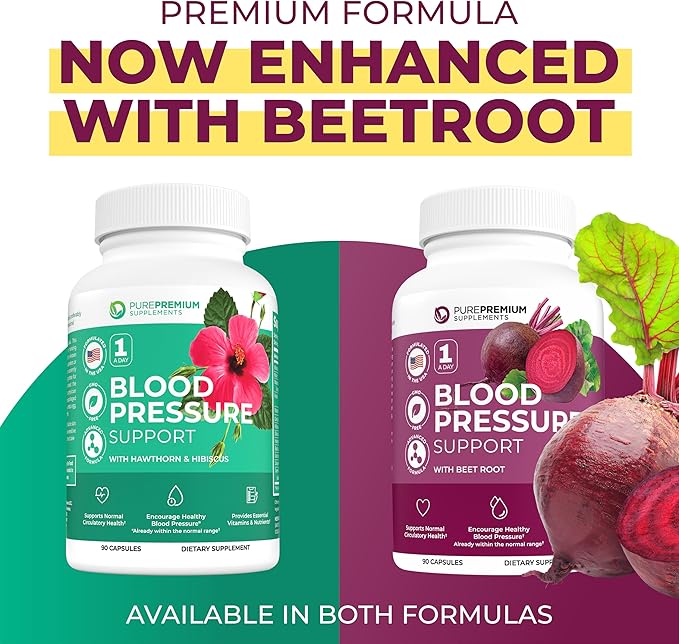 PurePremium Beet Root Capsules for Normal Blood Pressure Support - Beetroot, Hawthorn, Hibiscus - Beets Supplements for Normal Nitric Oxide - 90 Capsules