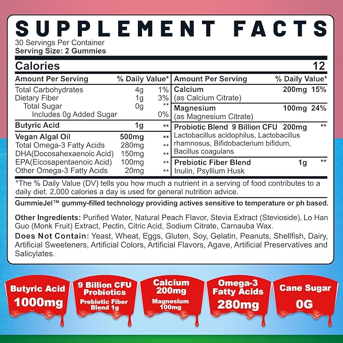 Butyrate Gummies with Probiotic + Prebiotic + Postbiotic, Omega-3 500mg,9 Billion CFU Probiotics with Fiber, Calcium & Magnesium, Inulin,Psyllium Husk for Digestive Health,Bloating Support,Sugar Free