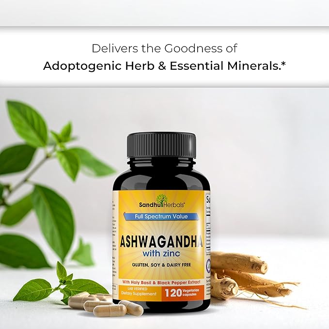 Sandhu Herbals Ashwagandha Supplement| 120 Organic 4 in 1 Capsules, 2 Months Supply| with Zinc, Black Pepper & Holy Basil Extract| Supports Immune Health| Non-GMO