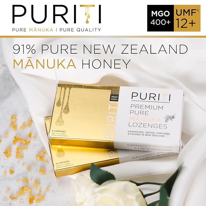 PURITI Premium Manuka Honey Lozenges High Potency - Sugar Free Drops | Genuine New Zealand Raw Manuka Honey Soothers for Coughs & Sore Throats | UMF Certified MGO 400+ UMF12+ (16 Pack)
