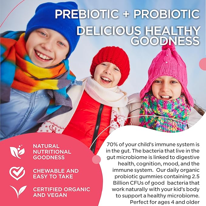 Kid Probiotic Gummies For Digestive Health, Chewable Daily Probiotic For Kids Ages 4+. Oral Care, Abdominal Discomfort, Gut Health. Strawberry Flavor, USDA Organic, Probiotics for Children 90ct (3)