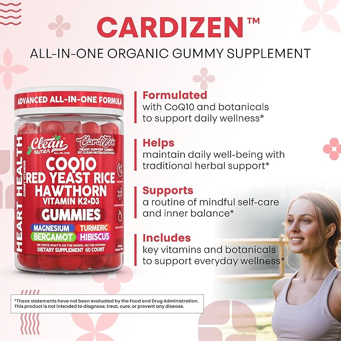 Clean Nutra CoQ10 Gummies Red Yeast Rice Hawthorn K2 Vitamin Supplement Magnesium Glycinate Turmeric Citrus Bergamot Hibiscus VIT D K Fenugreek Garlic Supplements Heart Support Gummy 60ct