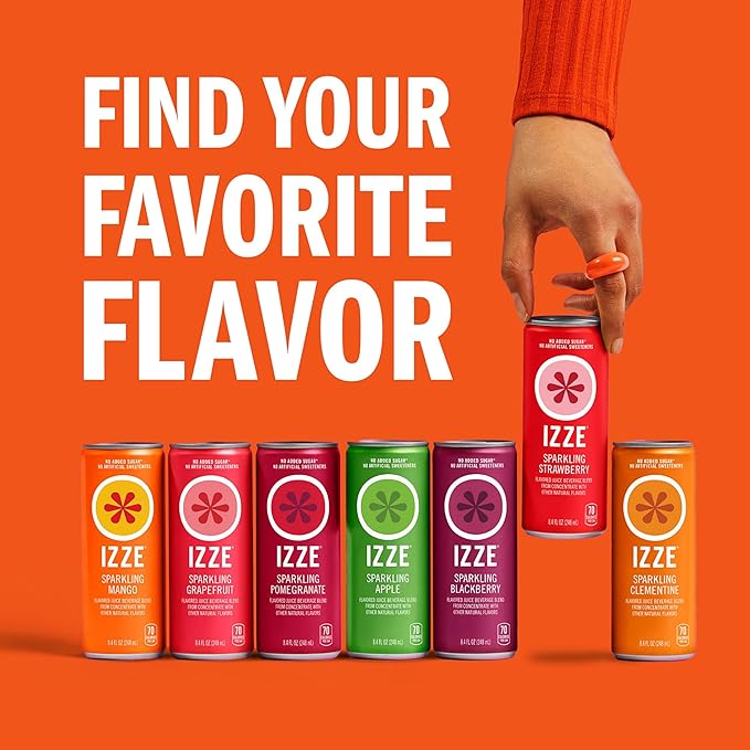 IZZE Sparkling Water Juice Beverage Blend, Mango, No Sugar Added, 8.4 FL OZ, 24 Cans