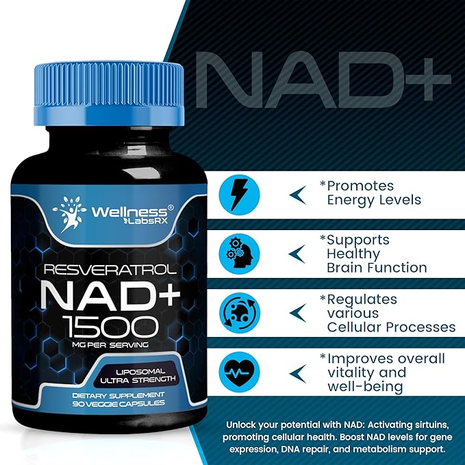 NAD Supplement, 1500mg - USA Made Liposomal NAD+ Supplement with Resveratrol, NAD Plus Boosting - Support Cellular Health, Stamina & Healthy Aging - Ultra Strength Capsules