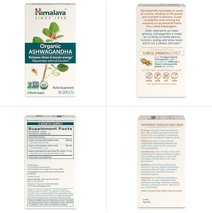Himalaya Organic Ashwagandha Root, 90 Day Supply - Herbal Adrenal Support Supplements for Stress Relief and Energy Support - USDA Organic, Non-GMO, Vegan, Gluten Free, No Additives, 670 mg, 90 Caplets
