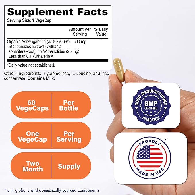 Health Thru Nutrition Ashwagandha 500mg KSM­66® 60 Capsules | Stress, Mood, Focus, & Energy | Clinically Proven and Organic Root-Only Whitania Somnifera Extract | Non-GMO, Gluten & Soy Free