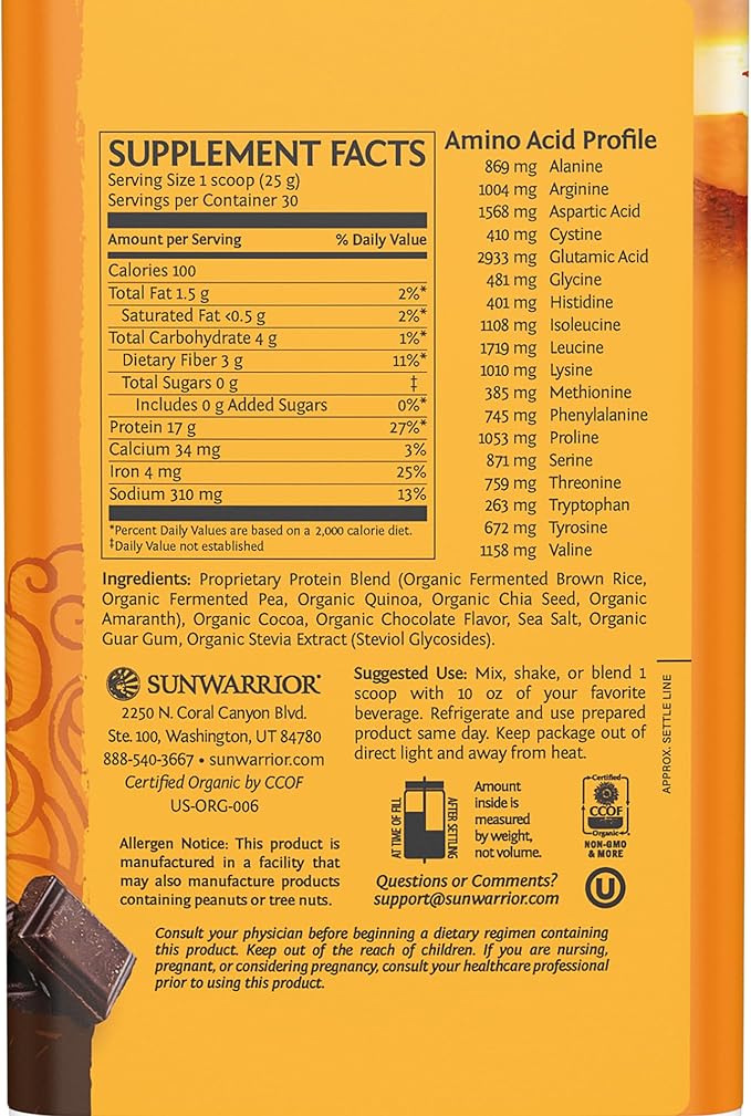 Sunwarrior Clean Vegan Protein Powder Chocolate | Organic Protein Powder Plant Based Formula with 5 Superfood Blend | Non-GMO Low Carb Soy Dairy & Gluten Free (Chocolate, 30 Servings)