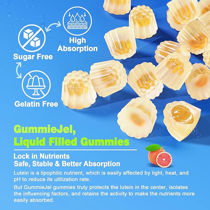 Sugar Free Lutein 20mg 40mg and Zeaxanthin Gummies for Eyes with Omega 3 (EPA 190mg & DHA 80mg), Lutein Supplements Eye Vitamins Filled Gummies Plus Bilberry, Goji Berry & Saffron, Vegan - 60 Count