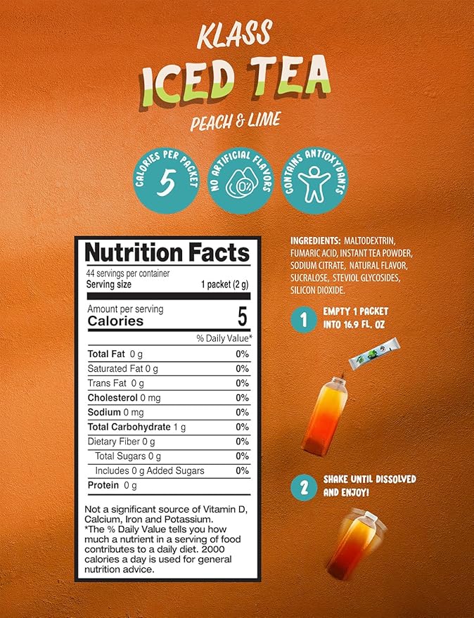 Klass Iced Tea Drink Mix - Sugar Free Variety Pack - Peach & Lime Black Tea On-The-Go! (44 Count Powder Stick Packs) 5 Calories Per Packet