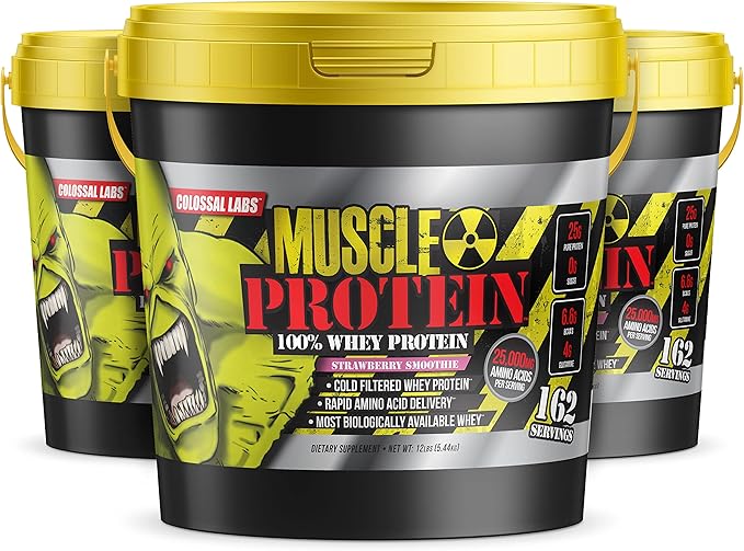Muscle Protein Whey Powder [12 lbs/Pack of 1]– Cold Filtered, 25g Pure Protein, 6.6g BCAAs (Packaging May Vary) (12LB, Strawberry)