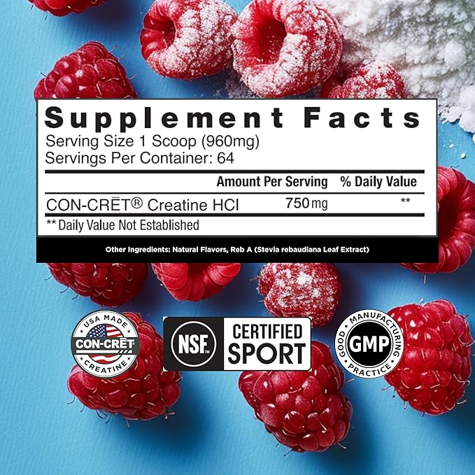CON-CRET Creatine HCl Powder | Muscle, Cognitive, Cellular Energy Support | No Bloating or Cramps | USA Made & NSF Certified | Raspberry (64 Serving)