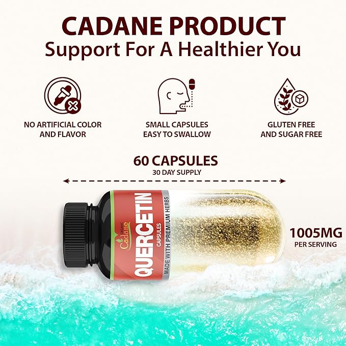 Organic Cadane Quercetin Extract Capsules - Combined with VitC, Zn.C, VitD3, Elderberry, Bromelain, Nettle, Ginger, Echinacea, Garlic, Pepper - 60 Capsules