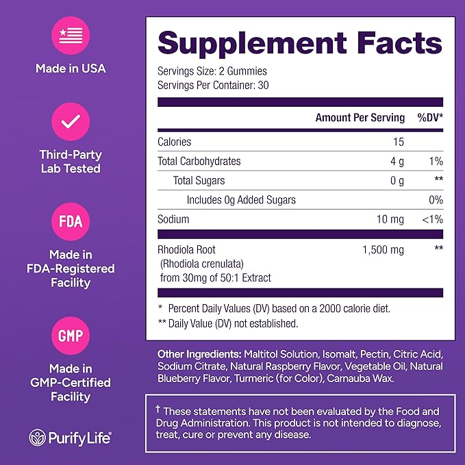 Purify Life Sugar-Free Rhodiola Rosea Gummies (1500mg/Serving) Cortisol Detox & Adrenal Support Supplement - Adaptogenic Rhodiola for Mood, Motivation, Stamina & Performance, Non-GMO, 60 Vegan Chews