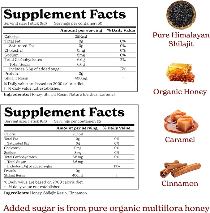 Pure Himalayan Shilajit Sticks with Organic Honey, Saffron| Easy to Consume|30 Sticks for Energy Boost & Immune Support, 85+ Trace Minerals, 75%+ Fulvic Acid (Pack of 2) Cinnamon + Caramel