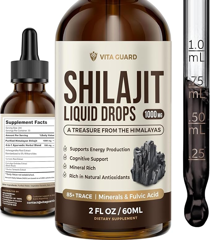 Himalayan Shilajit Liquid Drops – 1000mg Energy & Immunity Support with 85+ Trace Minerals & Fulvic Acid – Strength, Vitality Supplement for Men & Women – 30-Day Supply