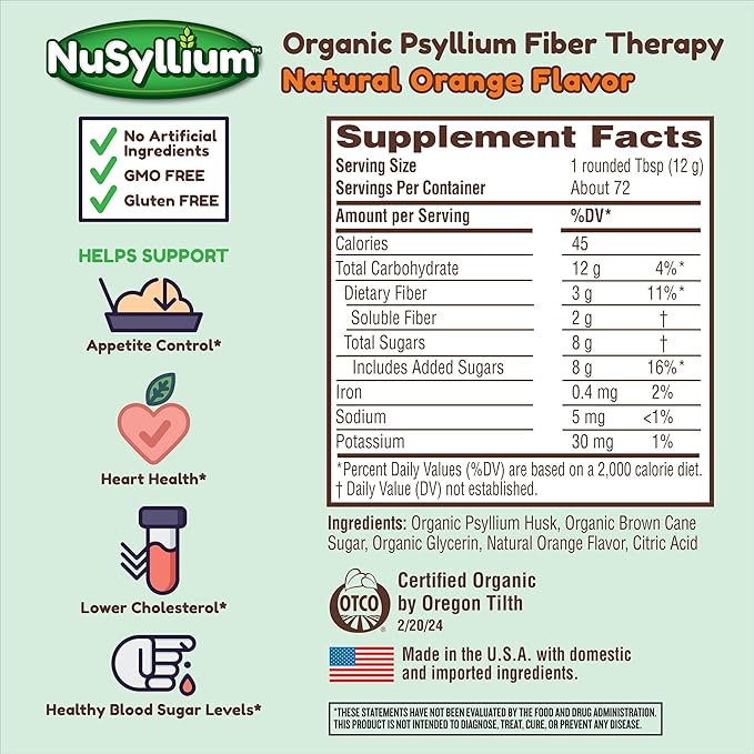 NuSyllium Psyllium Husk Powder, USDA Organic, 30.5 Oz, Dietary Fiber Supplement with Brown Sugar, Helps Digestive Health* Natural Orange, 72 Servings