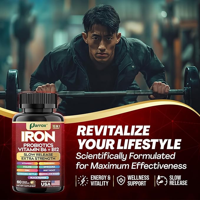 Iron Supplement with Slow Release Iron, Vitamin B6, B12, C, Folate, Zinc, Probiotics, Spirulina, Turmeric, Beetroot, Nettle Leaf, Dandelion Root, Black Pepper, Extra Strength, 60 Vegan Capsules 2-Pack