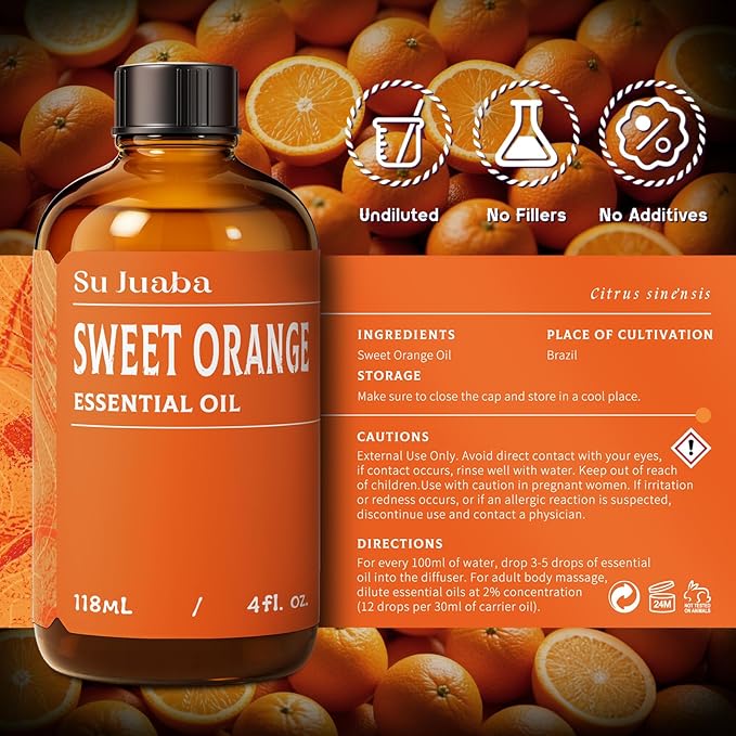 SU JUABA Orange Essential Oil 4 Fl Oz, 100% Pure Natural for Mood Boost, Diffuser, Skin Care, Aromatherapy- 118ML