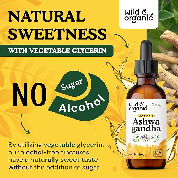 Wild & Organic Ashwagandha Liquid Drops - Calming Ashwagandha Root Extract for Relaxation - 1-Month Supply - Herbal Supplements for Women and Men - Vegan, Sugar & Alcohol-Free Tincture - 2 fl oz