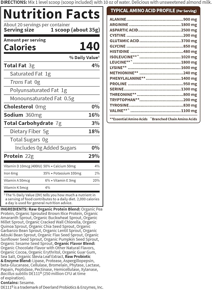 Garden of Life Protein Powder, Vegan Protein Powder, BCAA, Probiotics & Digestive Enzymes, Gluten & Lactose Free, Chocolate, 20 Servings