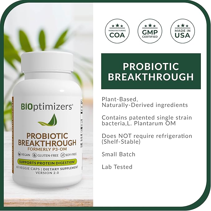 BiOptimizers Probiotic Breakthrough – Lactobacillus Plantarum OM Probiotics & Prebiotics Health Supplement for Gut, Digestive & Immune Support Probiotics for Women Men Elderly– 60 Vegan Capsules