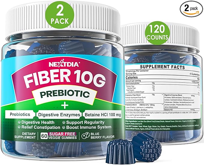 Fiber Gummies for Adults, Sugar Free 10g Prebiotic Fiber Supplement with Digestive Enzymes, Probiotics & 100mg Betaine for Digestive & Gut Health and Regulate Bowel Movement, Vegan, Gelatin Free,120ct