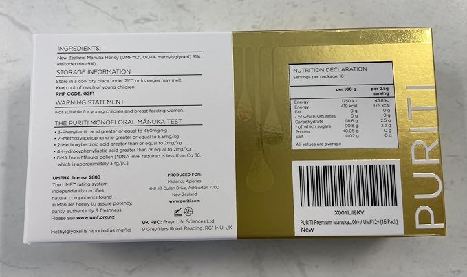 PURITI Premium Manuka Honey Lozenges High Potency - Sugar Free Drops | Genuine New Zealand Raw Manuka Honey Soothers for Coughs & Sore Throats | UMF Certified MGO 400+ UMF12+ (16 Pack)