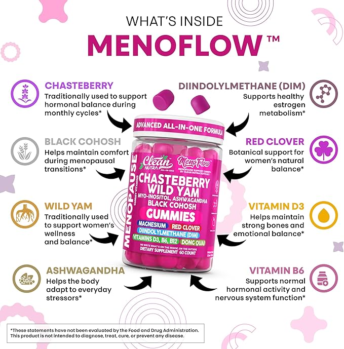 Clean Nutra Chasteberry Wild Yam Menopause Gummies Inositol Black Cohosh Magnesium Red Clover DIM Supplement B6 Magnesium Glycinate Glycine Vitex Hormone Balance for Women Gummy Vitamins 60 Count