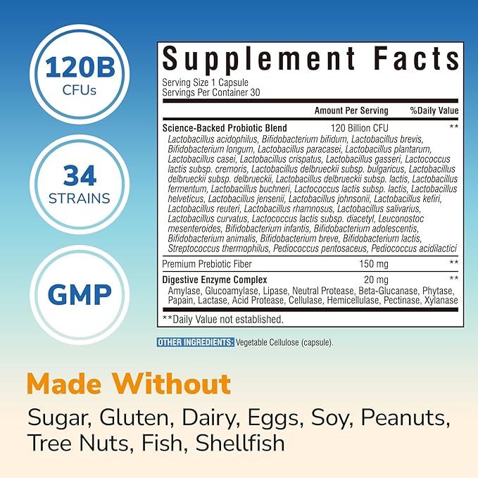 Probiotics for Women and Men, 120 Billion CFU 34 Strains, with Digestive Enzymes & Prebiotics, No Gluten, Gut Health, Digestive Health, Bloat Relief, 30 Vegetarian Capsules