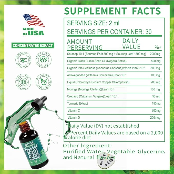 Soursop Pure Liquid Drops 10 in 1 with Sea Moss, Moringa, Turmeric, Black Seed Oil, Oregano, Ashwagandha | Herbal extracts for Overall Health-Enhancing | Vegan, Non-GMO | 4 Fl Oz