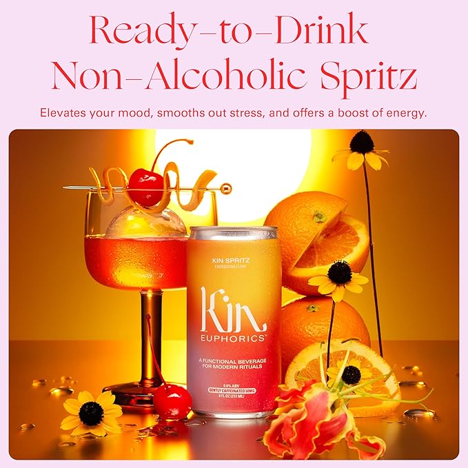 Kin Euphorics Kin Spritz Non-Alcoholic Functional Beverage | Invigorating Booster | Adaptogen & Nootropic Drink | Rhodiola Rosea, 5-HTP, GABA | Ready to Drink | 8 Fl Oz (8pk)