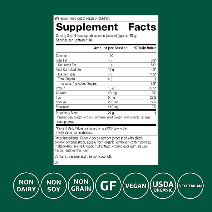 Standard Process Veg-E Complete Pro - Organic, Plant-Based Protein Powder for Muscle Building & Recovery - Supports Hair, Skin & Nails - Vegan & Gluten-Free - Chocolate, 18 Servings