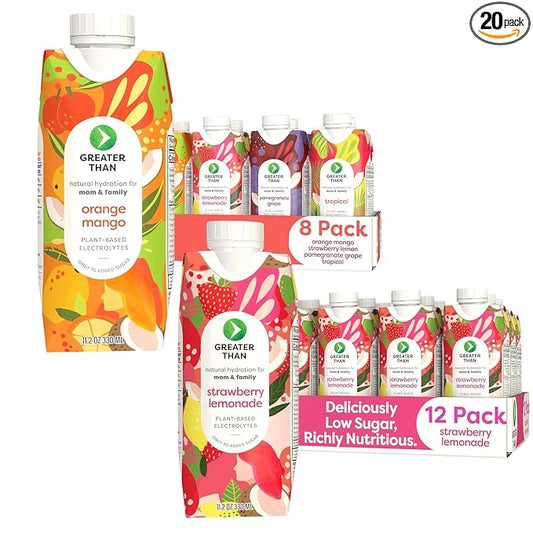 Greater Than Lactation Supplement Support, Coconut Water, Vitamins & Electrolyte Drink for Breastfeeding, Breast Milk & Immune Support, Variety Pack & Strawberry Lemonade (20 Pack)