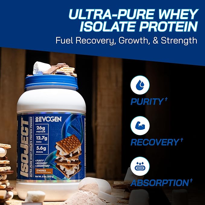 Evogen Isoject - Whey Protein Isolate | Ultra-Pure Whey Protein Powder with Ignitor Enzymes, BCAAs, and EAAs | Enhanced Absorption & Recovery | S'Mores | 25 Servings