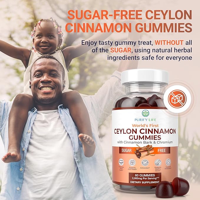 Purify Life Sugar-Free Ceylon Cinnamon Gummies (2,000mg/Serving) Ceylon Cinnamon Supplement for Brain Health, Vegan, Gluten-Free, Replace Ceylon Cinnamon Capsules, Pills, Powder, Extract (60 Chews)