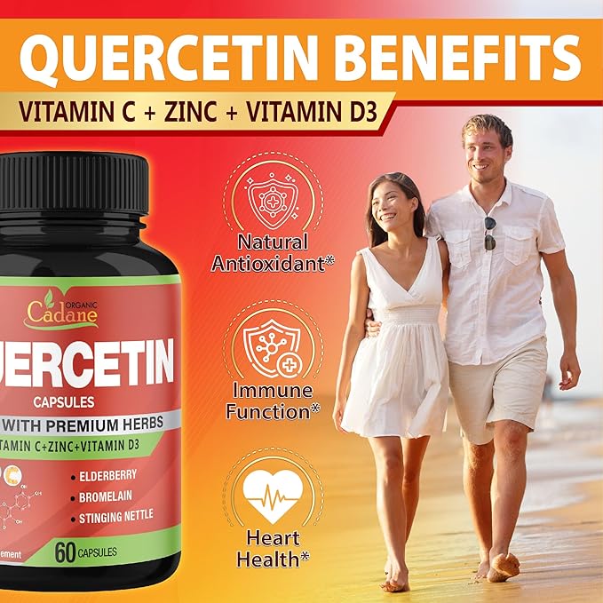 Organic Cadane Quercetin Extract Capsules - Combined with VitC, Zn.C, VitD3, Elderberry, Bromelain, Nettle, Ginger, Echinacea, Garlic, Pepper - 60 Capsules