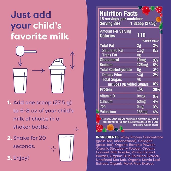 FlavCity All-in-One Protein Smoothie for Kids (Magical Berry) - Grass-Fed & Undenatured Whey Protein Powder with 15g Protein & 5g Collagen - Gluten-Free & Non-GMO - 15 Servings