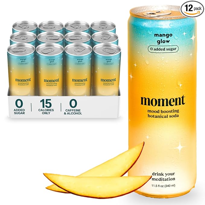 Moment Botanical Soda Soft Drink (Shark Tank) - SPARKLING Drinks | Mango Glow | L-Theanine & Ashwagandha for Calm & Clarity | 0 Added Sugar 0 Caffeine | 12-pack