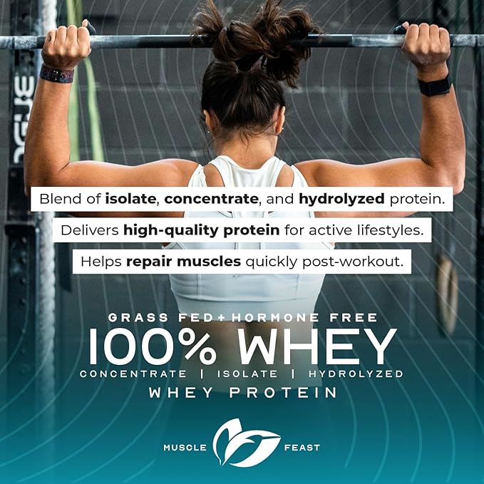 Muscle Feast 100% Grass Fed Whey Protein Powder, All Natural, Hormone Free Paure Raised Whey Protein Powder for Women & Men - Whey Concentrate, Isolate & Hydrolyzed Protein Powder Blend - Vanilla, 2lb
