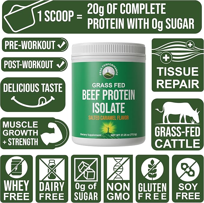 Grass Fed Beef Protein Powder - Lactose Free Great Tasting Beef Protein Isolate. Complete Animal Based Non Dairy Paleo Carnivore Supplement for Prime Muscle Building. No Whey. Salted Caramel Flavor