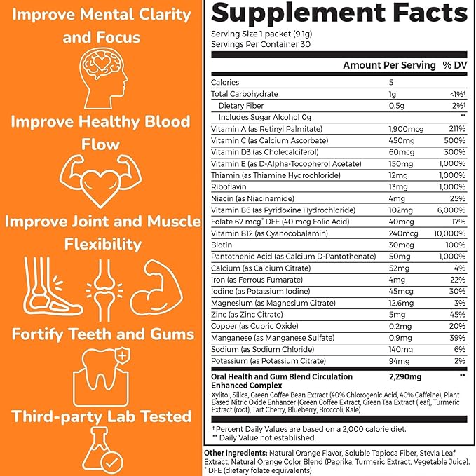 Dr. Nick's Multivitamin Powder for Women and Men, 30 Pack, Orange Splash, Multivitamin for Women with 32 Vitamins and Minerals, Sugar Free, Non-GMO, Vegan, Gluten-Free, Potent Probiotics, Antioxidant