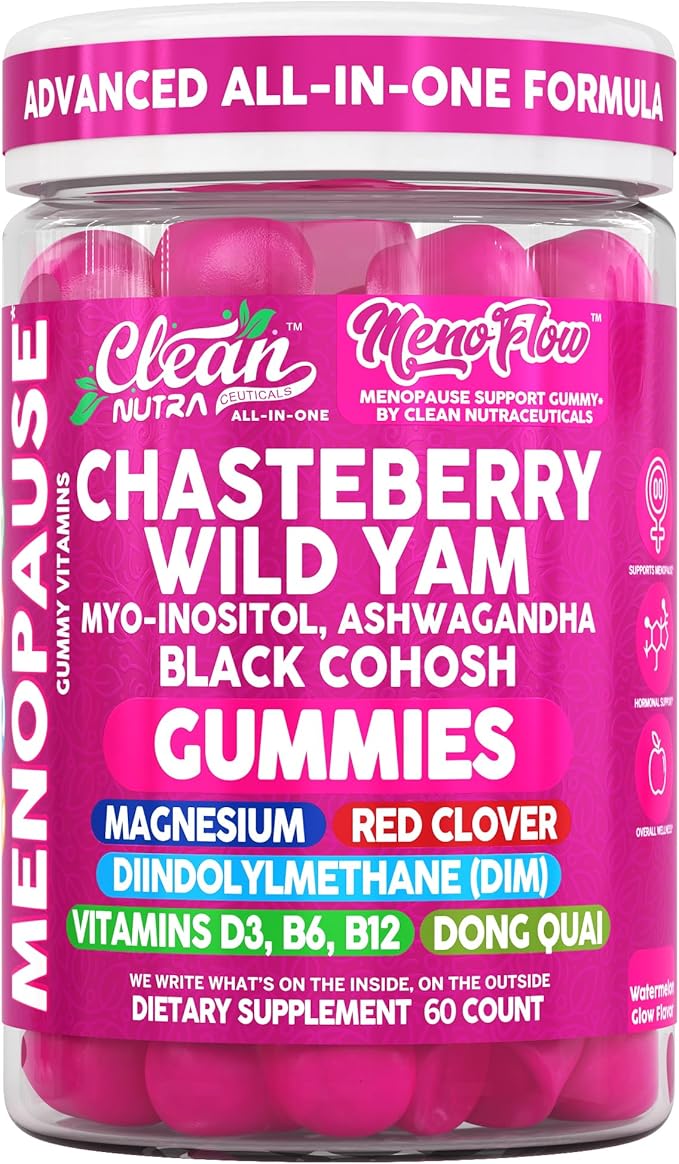 Clean Nutra Chasteberry Wild Yam Menopause Gummies Inositol Black Cohosh Magnesium Red Clover DIM Supplement B6 Magnesium Glycinate Glycine Vitex Hormone Balance for Women Gummy Vitamins 60 Count