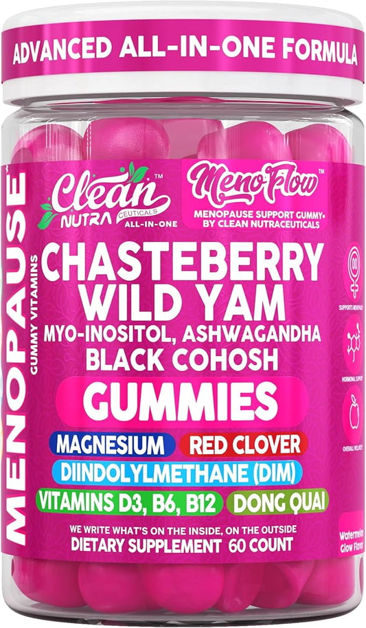 Clean Nutra Chasteberry Wild Yam Menopause Gummies Inositol Black Cohosh Magnesium Red Clover DIM Supplement B6 Magnesium Glycinate Glycine Vitex Hormone Balance for Women Gummy Vitamins 60 Count