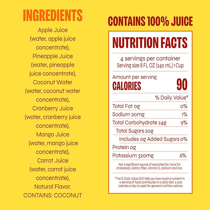 Revl Fruits 100% Juice, No Added Sugar, Pineapple Mango, Truly Tropical, 32 fl oz. Carton (Pack of 2)